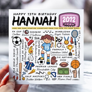 Carte d'anniversaire personnalisée pour fille | Carte d'informations sur le sport pour fille, nièce, petite-fille | Carte pour enfants de 13 ans | Carte d'anecdotes
