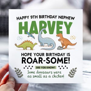 Carte 9e anniversaire pour garçons | Carte d'anniversaire dinosaure pour fils, petit-fils, frère, neveu | Carte d'informations sur les dinosaures ROAR-some | Carte dinosaure de 9 ans