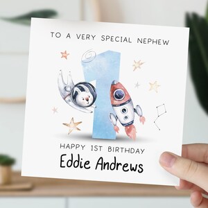 Carte 1er anniversaire pour fils, petit-fils, neveu, frère | Carte de premier anniversaire pour bébé garçon | Carte personnalisée 1ère, 2e, 3e fusée spatiale