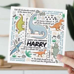 carte d'anniversaire de 5 ans | Fiche d'informations sur les dinosaures pour fils, petit-fils, neveu, filleul, petit garçon | Cadeau pour amoureux des dinosaures pour enfants | Carte 5e anniversaire