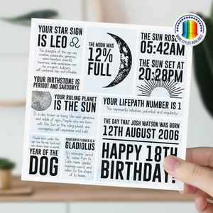 Carte 18e anniversaire pour lui, hommes, fils, petit-fils, neveu | Carte d'information sur l'astrologie lunaire | de signe astrologique personnalisée | Carte d'anniversaire jalon