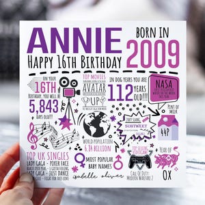 Carte d'anniversaire personnalisée pour elle | né en 2009 carte de vœux | Carte de 16 ans pour fille, petite-fille, nièce, soeur