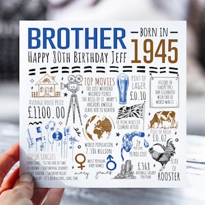 80e anniversaire pour frère | Né en 1945 Fiche d'information pour frère, frère | 80e frère | Carte de 80 ans pour lui | 80e cadeau pour frère