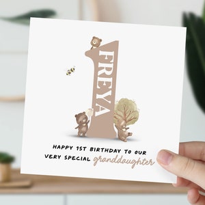 Carte 1er anniversaire pour petite fille, fille, nièce, petite-fille | Carte mignonne d'ours brun | Carte personnalisée animal d'un an pour elle