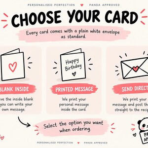May include: An informational graphic titled CHOOSE YOUR CARD with three options: BLANK INSIDE showing a card with a heart, PRINTED MESSAGE showing a card with Happy Birthday, and SEND DIRECT showing a sealed envelope with a heart. Includes a panda icon.
