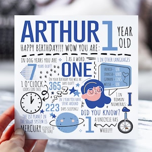 Carte d'anniversaire personnalisée pour garçon | Carte 1er anniversaire pour fils, neveu, frère, petit-fils | Carte pour enfants d'un an | Fiche d'information