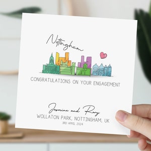 Carte de fiançailles de Nottingham | Engagé dans la ligne d'horizon du Royaume-Uni | Félicitations pour vos fiançailles | Cadeau pour couple | Mariage aquarelle en Angleterre