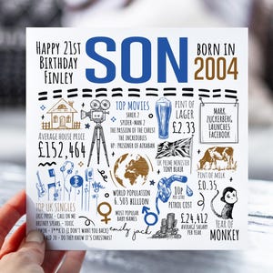 Carte 21e anniversaire pour fils | Né en 2004 Fiche d'information pour fils, beau-fils | Fils 21e carte | Carte de 21 ans pour lui | 21e cadeau pour filleul