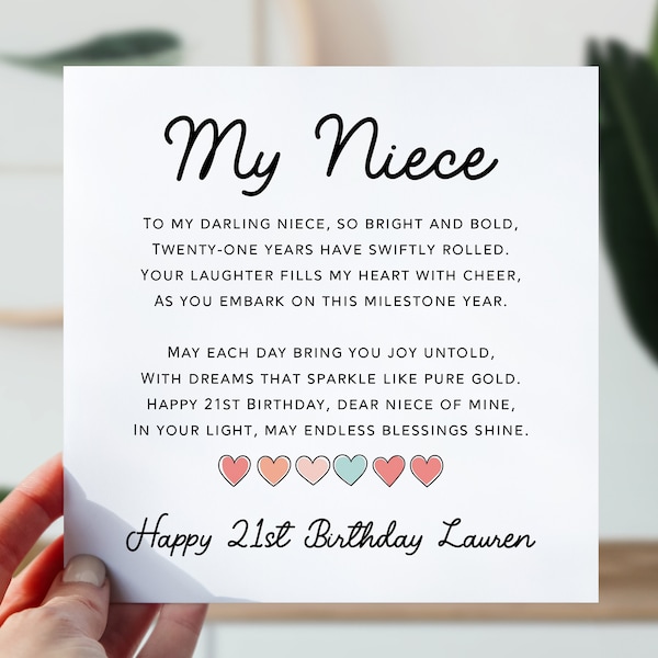 21st Birthday Card For Niece | Niece 21st Birthday Card | Cute Poem Card For Her | From The Heart 21 Birthday Card For Niece , Girl, Her