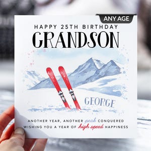d'anniversaire de ski personnalisée | Nom personnalisé et âge | Carte pour neveu, petit-fils, frère, fils, papa | Cadeau pour amateur de ski | Thème sports d'hiver