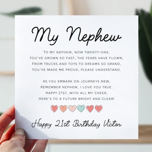 Carte 21e anniversaire pour neveu | 21e anniversaire de neveu | Jolie carte de poème pour lui | Du coeur 21 carte d'anniversaire pour neveu, garçon, lui