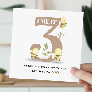 3rd Birthday Card For Little Girl, Daughter, Niece, Granddaughter | Cute Bumble Bee Card | Personalised Three Year Old Animal Card For Her