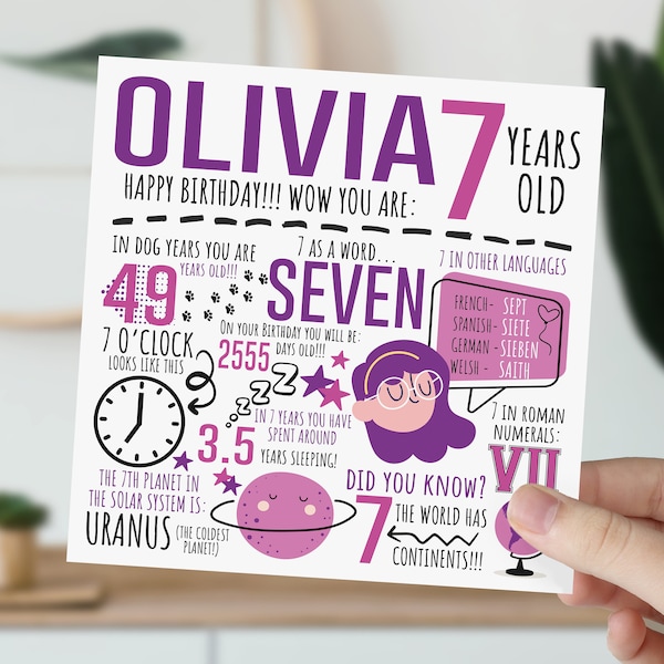 Personalised 7th Birthday Card For Girl | 7th Birthday Card For Daughter, Niece, Sister, Granddaughter | 7 Year Old Card | Fun Fact Card