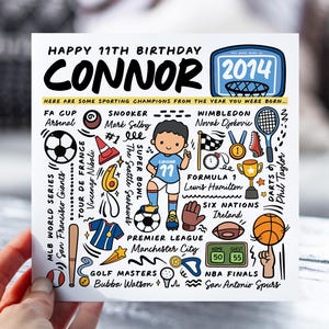 Carte d'anniversaire personnalisée pour garçon | Carte d'infos sportives pour fils, neveu, frère, petit-fils | Carte pour enfants de 11 ans | Carte d'anecdotes