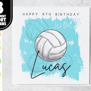 9e anniversaire sur le thème du sport | Carte de football volley-ball personnalisée de 9 ans pour fils, petit-fils, neveu | Carte de neuvième anniversaire pour amateur de sport