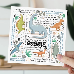 carte d'anniversaire de 10 ans | Fiche d'informations sur les dinosaures pour fils, petit-fils, neveu, filleul, petit garçon | Cadeau pour amoureux des dinosaures pour enfants | 10e anniversaire