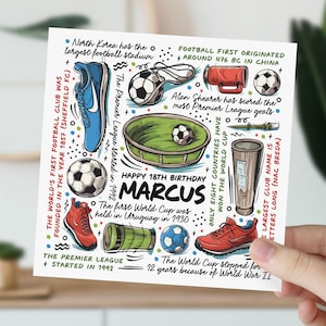carte d'anniversaire de 18 ans | Carte d'informations sur le football pour fils, petit-fils, neveu, filleul, frère | Cadeau de football pour enfants | Carte 18e anniversaire