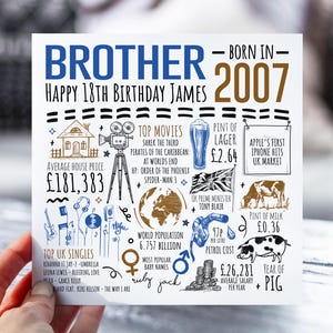 Carte d'anniversaire pour frère | Né en 2007 Fiche d'information pour frère, frère | Frère 18e carte | Carte de 18 ans pour lui | 18e cadeau pour frère