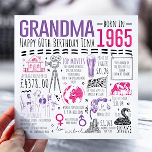 Carte du 60e anniversaire pour grand-mère, grand-mère, grand-mère | Née en 1965 Fiche d'information sur Nan | 60e carte pour mamie | Carte de 60 ans pour elle | 60e cadeau
