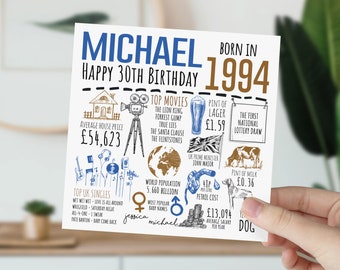 Personalised 30th Birthday Card | Born in 1994 Facts | Milestone Greetings Card For Him | For Husband, Boyfriend, Partner, Son, Brother