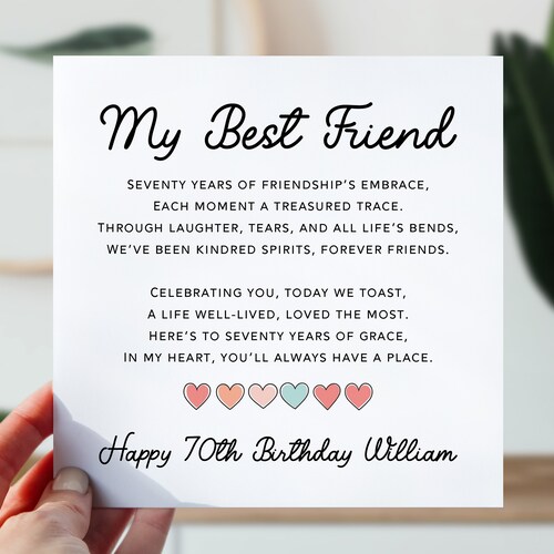 70th Birthday Card For Best Friend | Bestie 70th Birthday Card | Cute Poem Card For Friend | From The Heart 70 Birthday Card For Best Mate