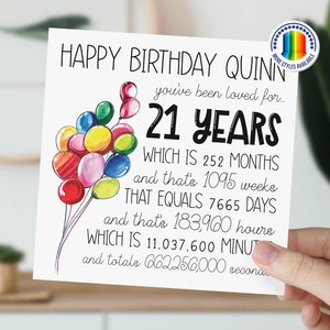 Carte d'anniversaire personnalisée pour 21 ans | Ballon de 21 ans | Carte Joyeux 21e anniversaire pour garçon, fille | Fils, fille, petit-fils, petite-fille