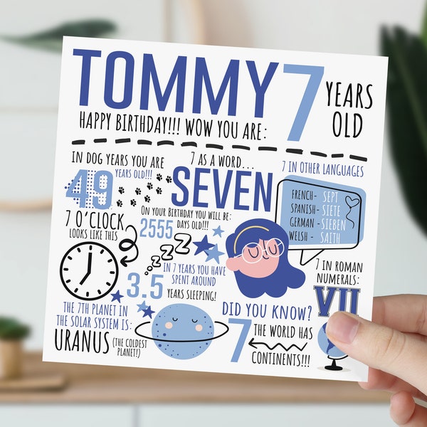 Personalised 7th Birthday Card For Boy | 7th Birthday Card For Son, Nephew, Brother, Grandson | 7 Year Old Children's Card | Fun Fact Card