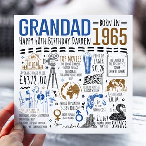 60e anniversaire pour grand-père | Né en 1965 Fiche d'information pour grand-père, grand-père, papa | 60e grampy carte de vœux | Carte de 60 ans pour lui | 60e cadeau