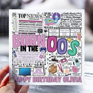 d'anniversaire né dans les années 00 | Carte nostalgie des années 2000 pour fille, soeur, ami | Carte d'anniversaire rétro de l'an 2000 pour elle | Carte d'information sur la décennie amusante