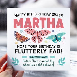 Carte d'anniversaire pour filles | Carte d'anniversaire papillon pour fille, petite-fille, nièce, soeur | Carte animalière mignonne d'information | Carte de 8 ans