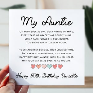 50e carte d'anniversaire pour tante | cinquantième anniversaire de tante | Jolie carte poème pour tante, tante | Du coeur 50 carte d'anniversaire pour tante