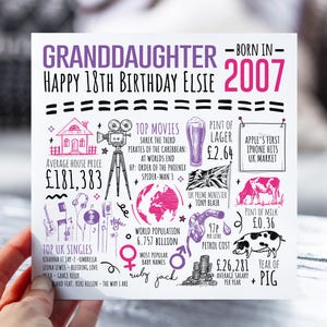 Carte d'anniversaire pour petite-fille | Né en 2007 Fiche d'information pour petite-fille | Carte de 18 ans pour elle | 18e cadeau pour petite-fille