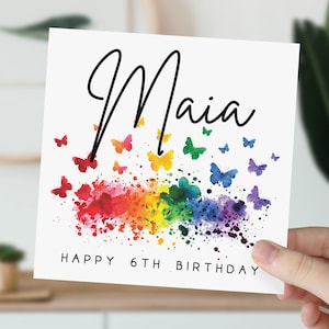 Carte papillon arc-en-ciel de 6 ans personnalisée | Carte d'anniversaire pour 6 ans avec prénom | Carte de voeux pour fille, petite-fille, nièce, fille