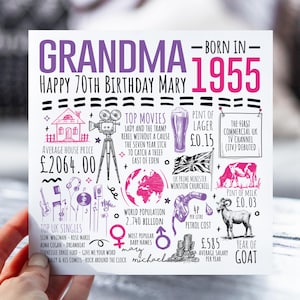 70e anniversaire pour grand-mère, grand-mère, grand-mère | Né en 1955 Fiche d'information pour Nan | 70e carte pour Nanna | Carte de 70 ans pour elle | 70e cadeau