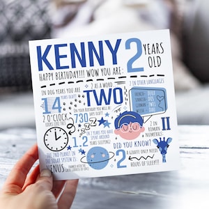 Tarjeta personalizada de segundo cumpleaños para niño / Tarjeta de segundo cumpleaños para hijo, sobrino, hermano, nieto / Tarjeta infantil de 2 años / Tarjeta con datos curiosos