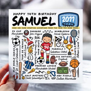 Carte d'anniversaire personnalisée pour garçon | Carte d'infos sportives pour fils, neveu, frère, petit-fils | Carte pour enfants de 14 ans | Carte d'anecdotes