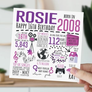 Personalised 16th Birthday Card For Her | Born in 2008 Greetings Card | 16 Year Old Card For Daughter, Granddaughter, Niece, Sister