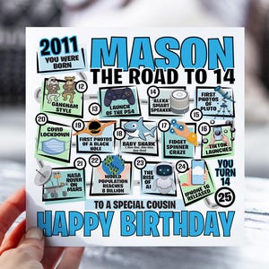14e anniversaire pour garçon | Carte La route des 14 | Carte Né en 2011 pour garçon | pour fils, neveu, petit-fils, frère | Carte de 14 ans