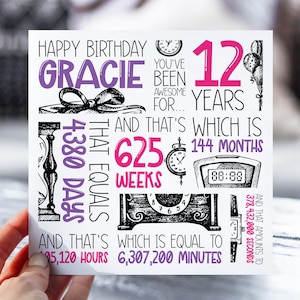 d'anniversaire personnalisée de 12 ans | Carte 12e anniversaire pour fille, elle | Carte 2013 ans et mois | Fille, petite-fille, nièce, soeur