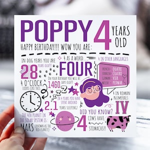 Personalised 4th Birthday Card For Girl | 4th Birthday Card For Daughter, Niece, Sister, Granddaughter | 4 Year Old Card | Fun Fact Card