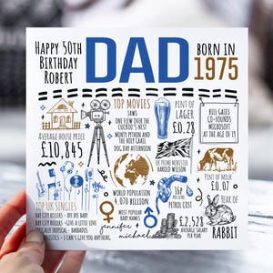 50e carte d'anniversaire pour papa | Né en 1975 Fiche d'information pour papa, papa, père | cinquantième papa | Carte de 50 ans pour lui | 50e cadeau pour papa