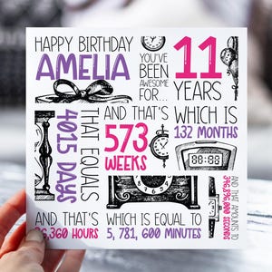 d'anniversaire personnalisée de 11 ans | 11e anniversaire pour fille, elle | Carte des années et des mois 2014 | Fille, petite-fille, nièce, soeur