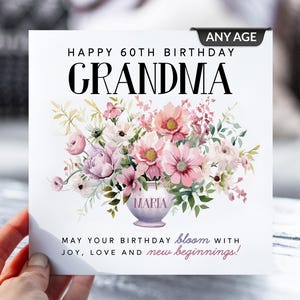 Carte d'anniversaire florale personnalisée | Tout âge et tout nom | Grand-mère, maman, soeur, ami | Vase à fleurs élégant | Cadeau d'anniversaire personnalisé pour elle