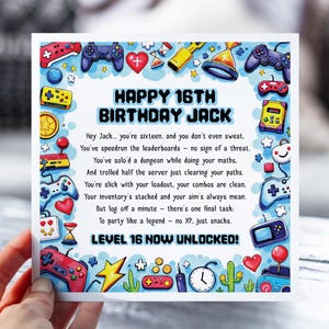 Carte de 16e anniversaire pour Gamer Boy | Carte poème drôle de jeu | Carte personnalisée pour fils, neveu, frère, petit-fils | Carte déverrouillée de niveau 16