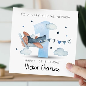 Carte 1er anniversaire pour fils, petit-fils, neveu, frère | Carte de premier anniversaire pour bébé garçon | Carte personnalisée 1er, 2e, 3e avion