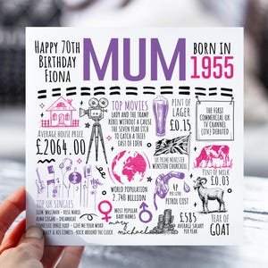 70e anniversaire pour maman, maman, maman | Fiche d'information née en 1955 pour maman | 70e carte pour maman | Carte de 70 ans pour elle, maman | 70e cadeau