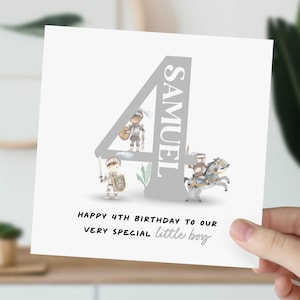 4e anniversaire pour petit garçon, fils, neveu, petit-fils, filleul | Carte mignonne de chevalier | Carte médiévale personnalisée de quatre ans pour enfant, lui