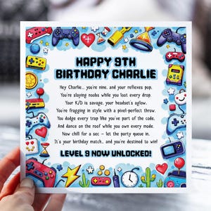 9e anniversaire pour Gamer Boy | Carte poème drôle de jeu | Carte personnalisée pour fils, neveu, frère, petit-fils | Carte déverrouillée de niveau 9