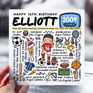 Carte d'anniversaire personnalisée pour garçon | Carte d'infos sportives pour fils, neveu, frère, petit-fils | Carte pour enfants de 16 ans | Carte d'anecdotes