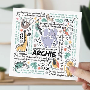 carte d'anniversaire de 3 ans | Carte d'informations sur les animaux de la jungle pour fils, petit-fils, neveu, filleul, petit garçon | Cadeau animal pour enfants | Carte 3e anniversaire